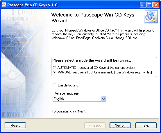 Screenshot of Passcape Win CD Keys