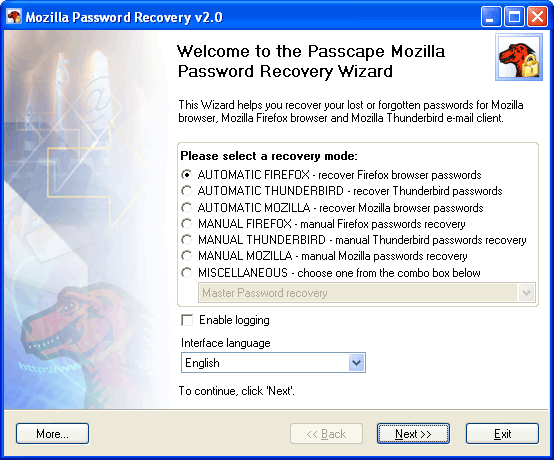 Screenshot of Mozilla Password Recovery
