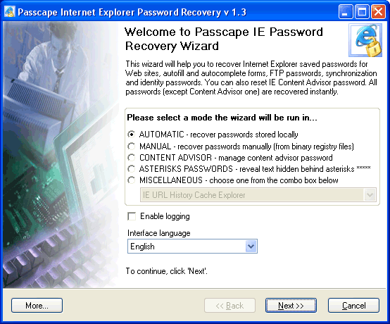 Click to view Internet Explorer Password Recovery 3.8.0 screenshot
