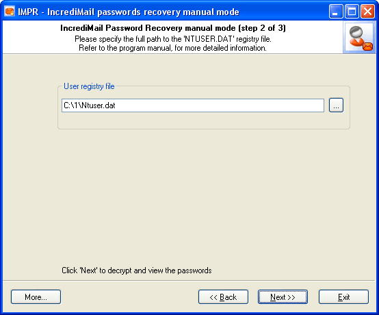 IncrediMail Password Recovery - ручной режим работы