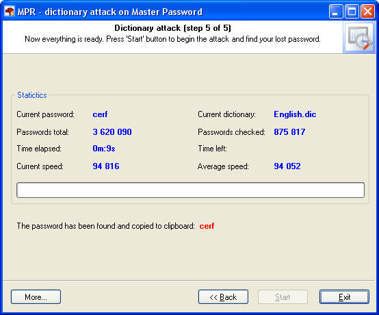 Mozilla Master Password Recovery in progress