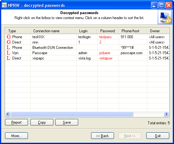 Расшифрованные пароли сетевых подключений