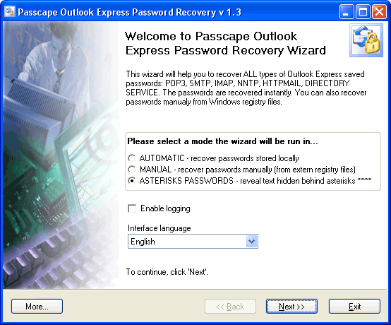 Recovers ALL Outlook Express passwords.
