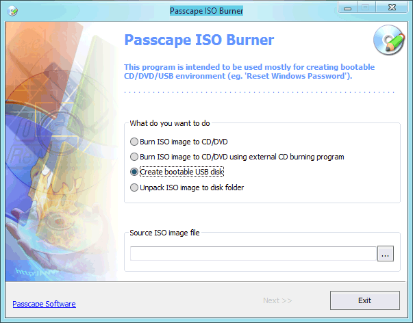 Click to view Passcape ISO Burner 1.3.0 screenshot