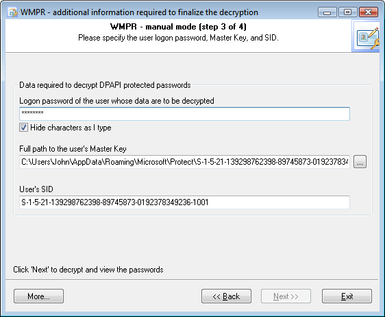 Windows Mail Password Recovery - требуются дополнительные данные пользователя для расшифровки