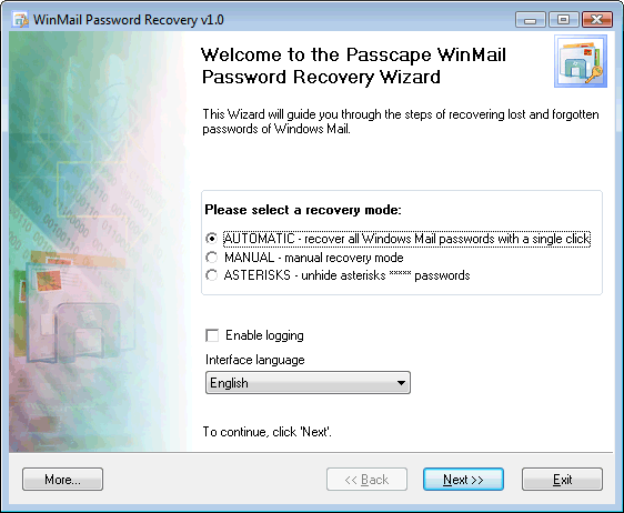 Windows Mail Password Recovery - интерфейс программы