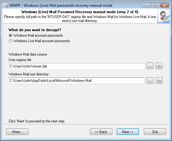Windows Mail Password Recovery manual mode