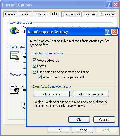 Internet Explorer AutoComplete settings