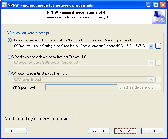 Recovering windows network credentials (manual mode)