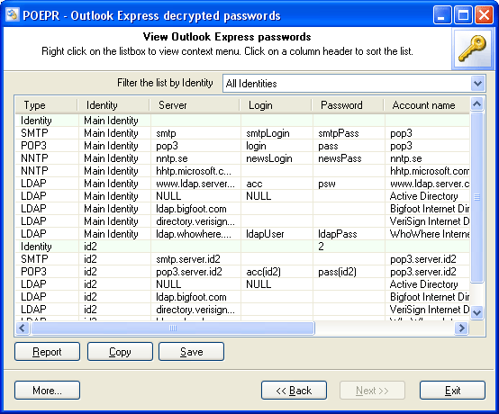 Outlook Express decrypted passwords
