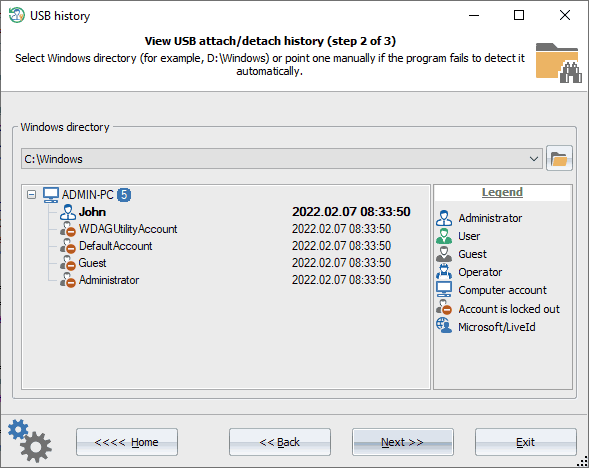 USB history: selecting Windows directory