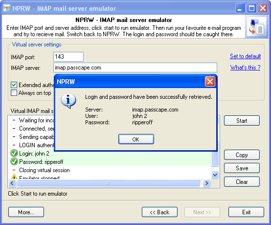 Mail server emulator has found the password