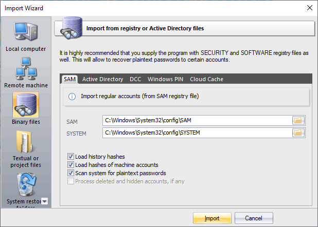 Loading password hashes from registry and Active Directory